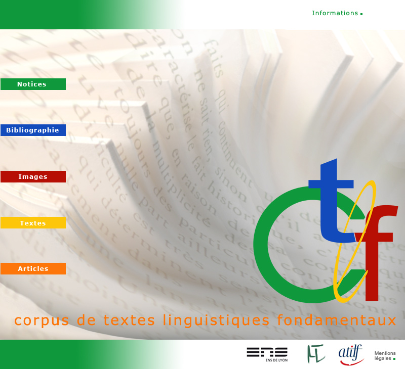 CTLF (corpus de textes linguistiques fondamentaux) - Menu général - Notices, Bibliographie, Images, Textes, Articles